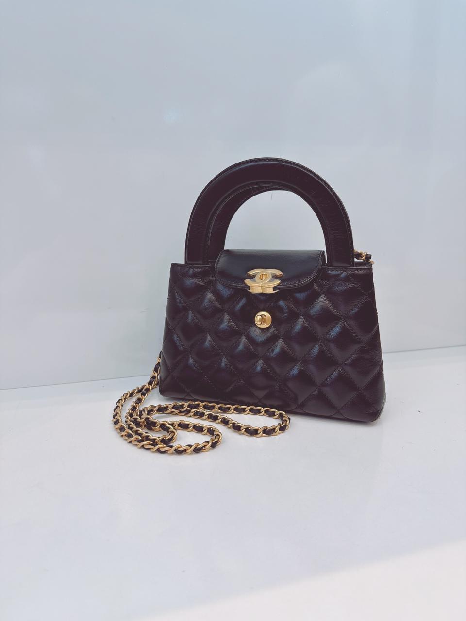 BLACK SHINY AGED CALFSKIN LEATHER KELLY MINI SHOPPING BAG