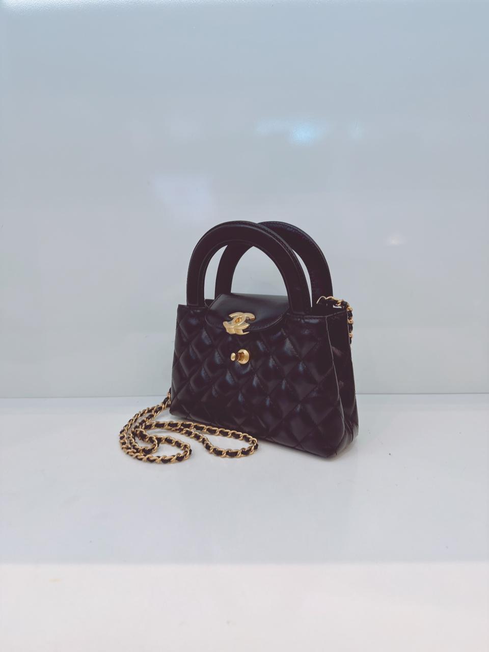 BLACK SHINY AGED CALFSKIN LEATHER KELLY MINI SHOPPING BAG