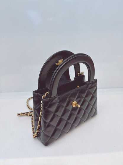 BLACK SHINY AGED CALFSKIN LEATHER KELLY MINI SHOPPING BAG