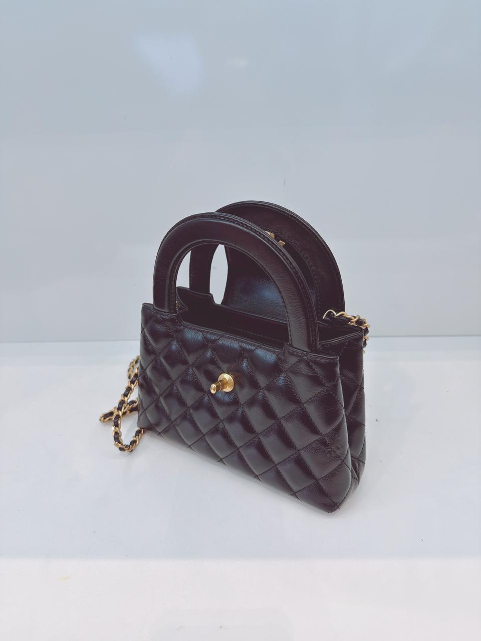 BLACK SHINY AGED CALFSKIN LEATHER KELLY MINI SHOPPING BAG