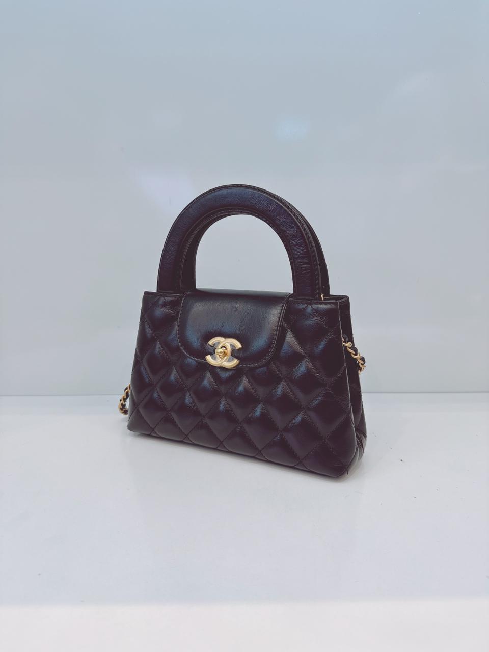 BLACK SHINY AGED CALFSKIN LEATHER KELLY MINI SHOPPING BAG