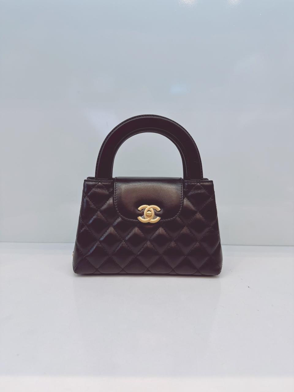 BLACK SHINY AGED CALFSKIN LEATHER KELLY MINI SHOPPING BAG