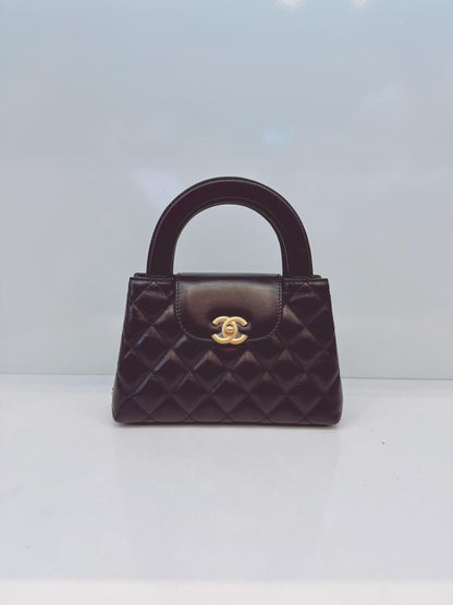 BLACK SHINY AGED CALFSKIN LEATHER KELLY MINI SHOPPING BAG