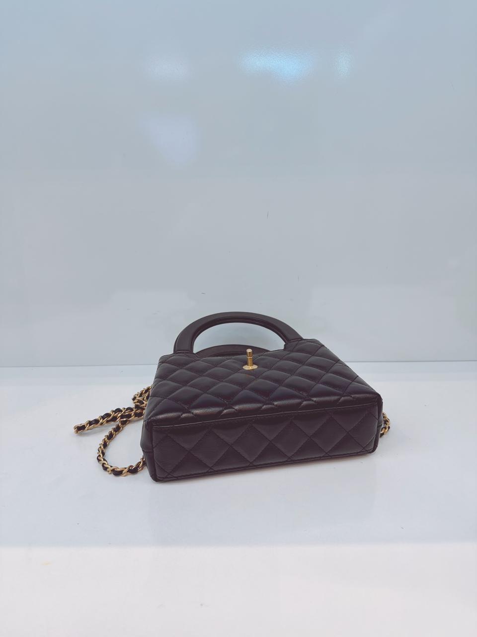 BLACK SHINY AGED CALFSKIN LEATHER KELLY MINI SHOPPING BAG