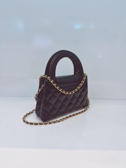 BLACK SHINY AGED CALFSKIN LEATHER KELLY MINI SHOPPING BAG