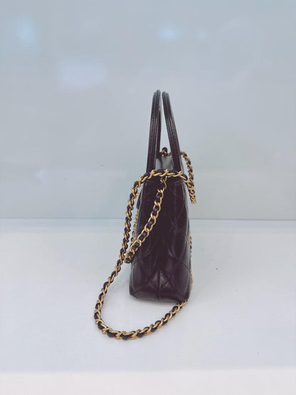 BLACK SHINY AGED CALFSKIN LEATHER KELLY MINI SHOPPING BAG