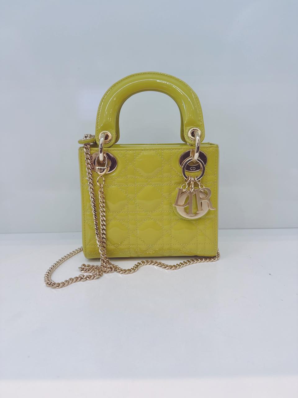 LIME YELLOW PATENT CANNAGE LEATHER MINI LADY DIOR BAG
