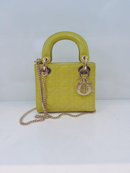 LIME YELLOW PATENT CANNAGE LEATHER MINI LADY DIOR BAG