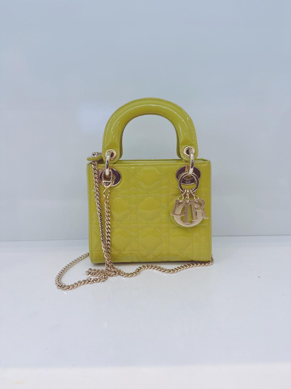 LIME YELLOW PATENT CANNAGE LEATHER MINI LADY DIOR BAG