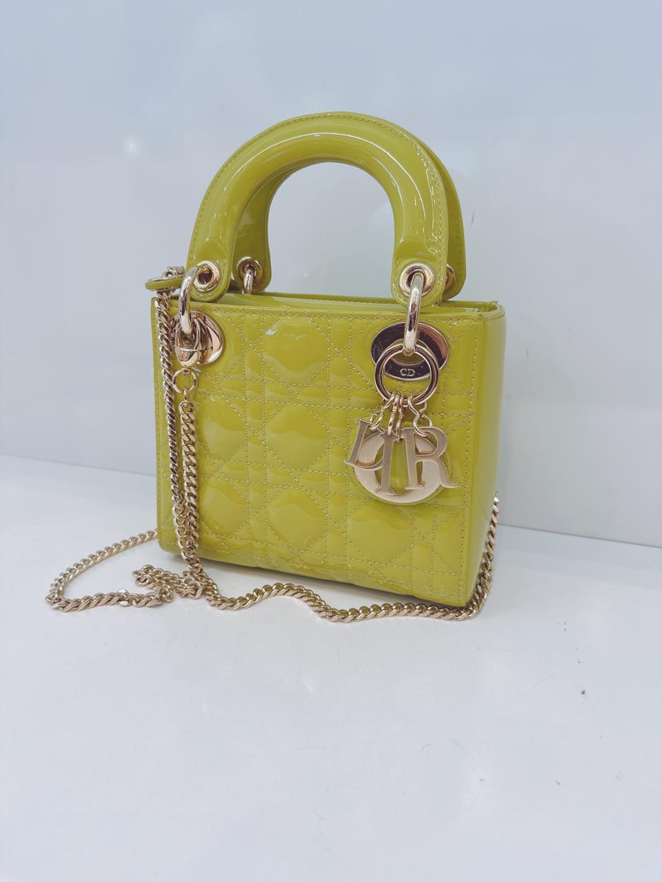 LIME YELLOW PATENT CANNAGE LEATHER MINI LADY DIOR BAG