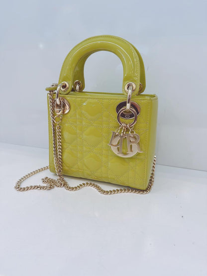 LIME YELLOW PATENT CANNAGE LEATHER MINI LADY DIOR BAG