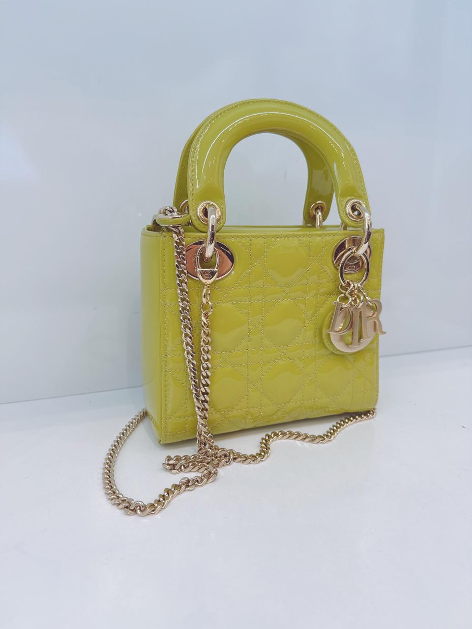 LIME YELLOW PATENT CANNAGE LEATHER MINI LADY DIOR BAG