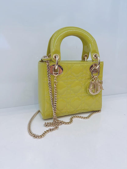 LIME YELLOW PATENT CANNAGE LEATHER MINI LADY DIOR BAG
