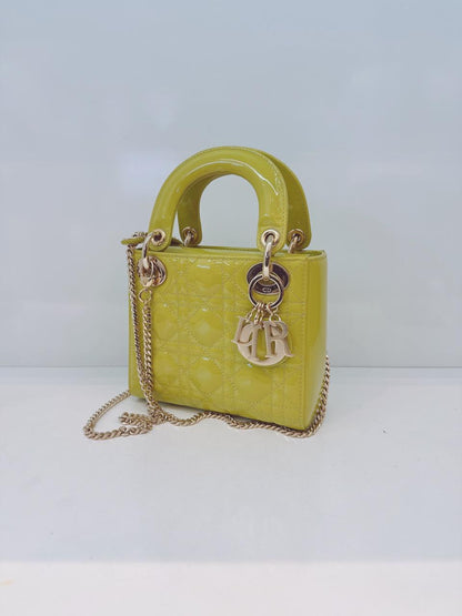 LIME YELLOW PATENT CANNAGE LEATHER MINI LADY DIOR BAG