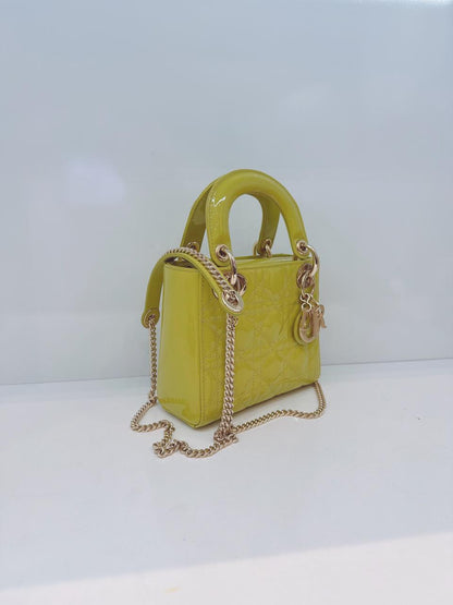 LIME YELLOW PATENT CANNAGE LEATHER MINI LADY DIOR BAG