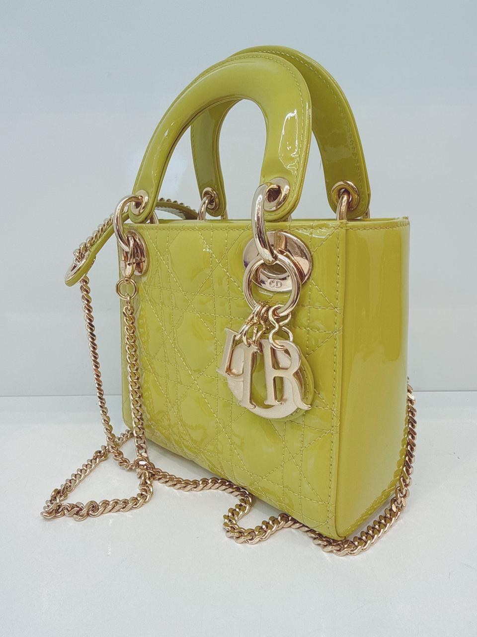 LIME YELLOW PATENT CANNAGE LEATHER MINI LADY DIOR BAG