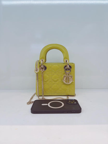 LIME YELLOW PATENT CANNAGE LEATHER MINI LADY DIOR BAG