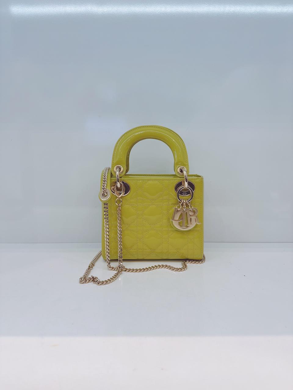 LIME YELLOW PATENT CANNAGE LEATHER MINI LADY DIOR BAG