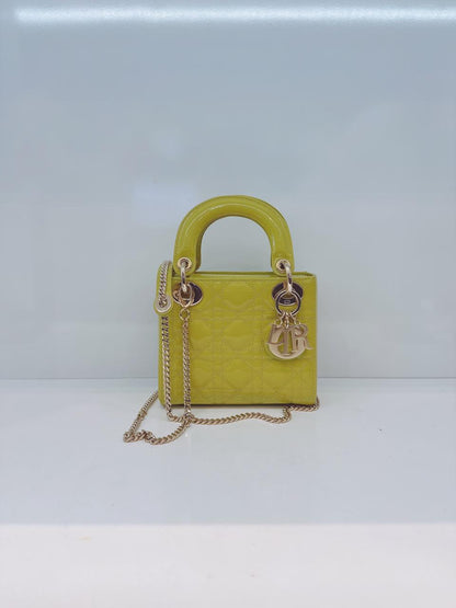 LIME YELLOW PATENT CANNAGE LEATHER MINI LADY DIOR BAG
