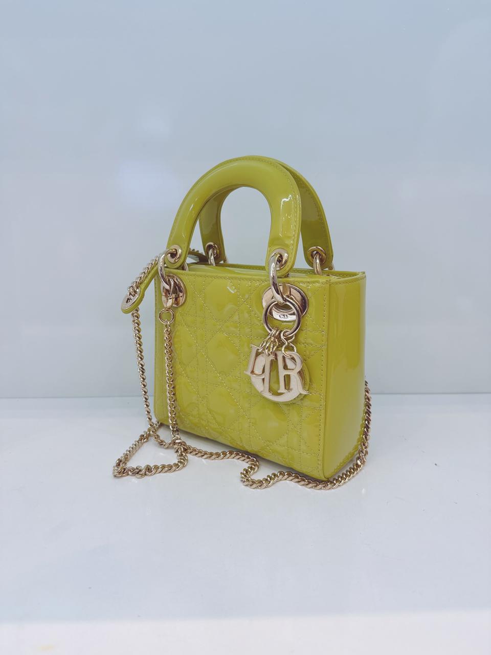 LIME YELLOW PATENT CANNAGE LEATHER MINI LADY DIOR BAG
