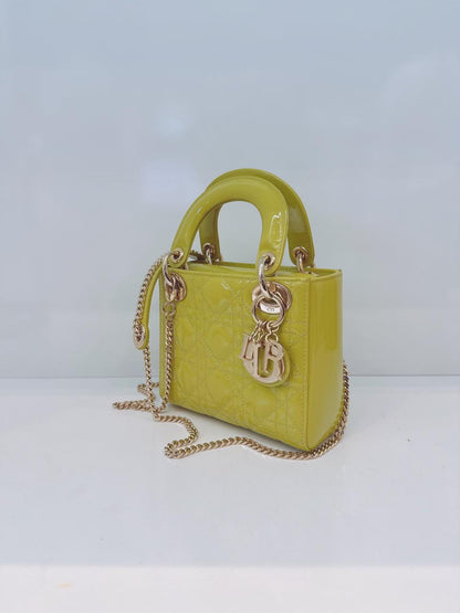 LIME YELLOW PATENT CANNAGE LEATHER MINI LADY DIOR BAG