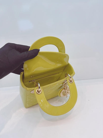 LIME YELLOW PATENT CANNAGE LEATHER MINI LADY DIOR BAG