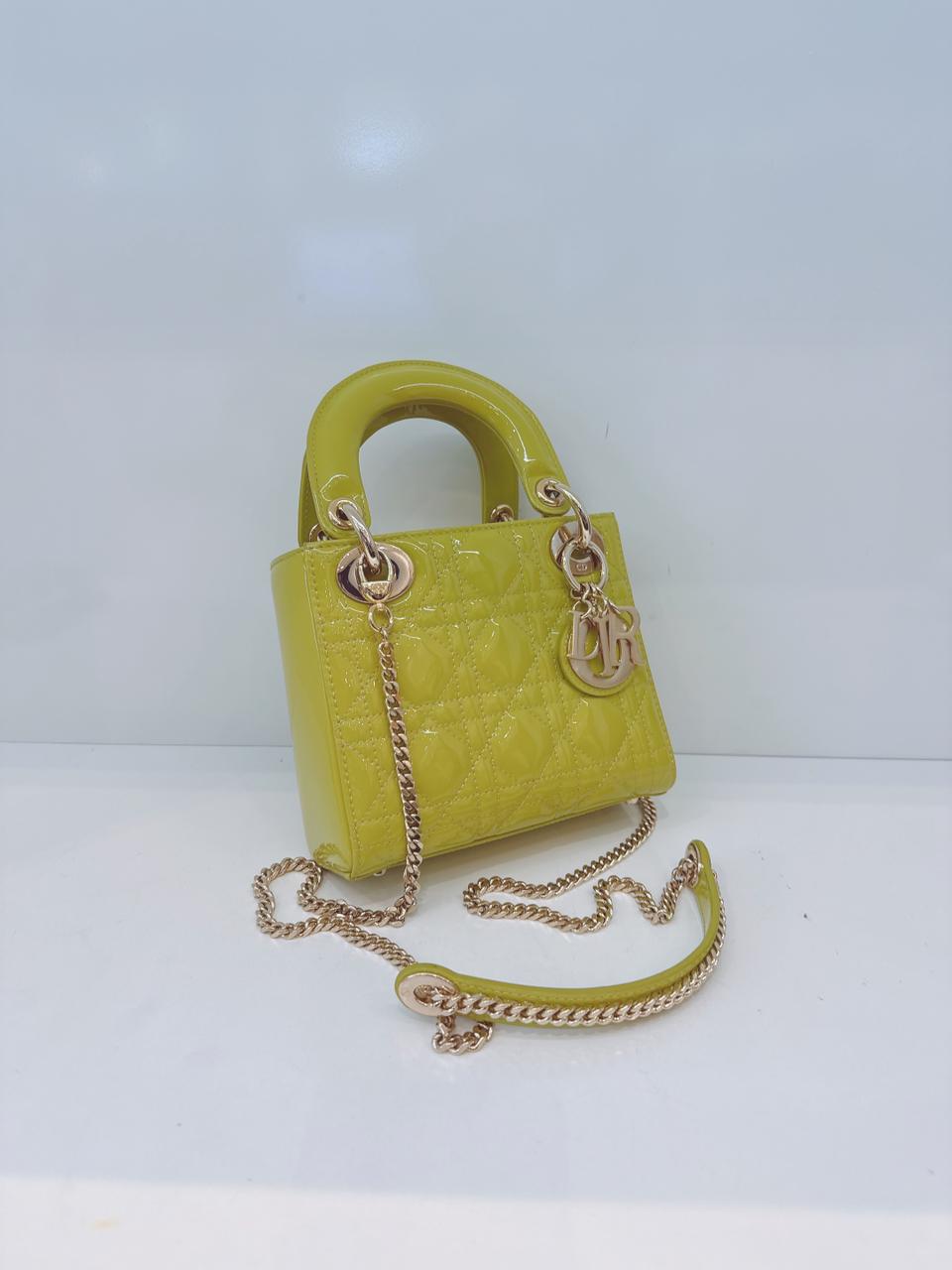 LIME YELLOW PATENT CANNAGE LEATHER MINI LADY DIOR BAG
