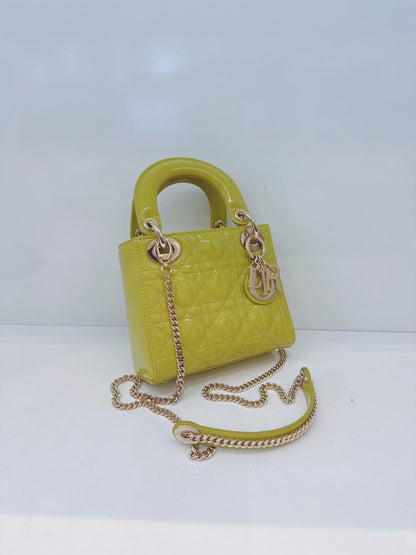 LIME YELLOW PATENT CANNAGE LEATHER MINI LADY DIOR BAG