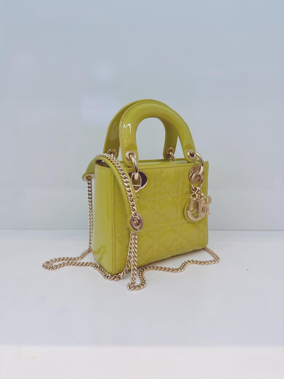 LIME YELLOW PATENT CANNAGE LEATHER MINI LADY DIOR BAG