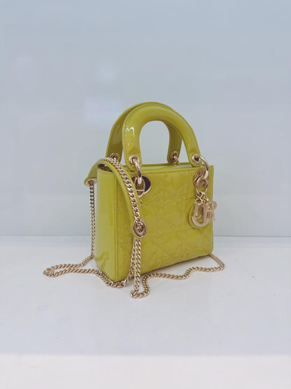 LIME YELLOW PATENT CANNAGE LEATHER MINI LADY DIOR BAG