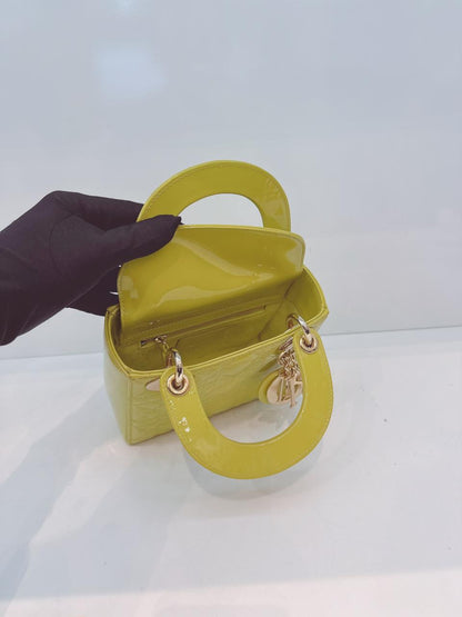 LIME YELLOW PATENT CANNAGE LEATHER MINI LADY DIOR BAG