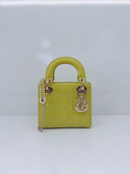 LIME YELLOW PATENT CANNAGE LEATHER MINI LADY DIOR BAG