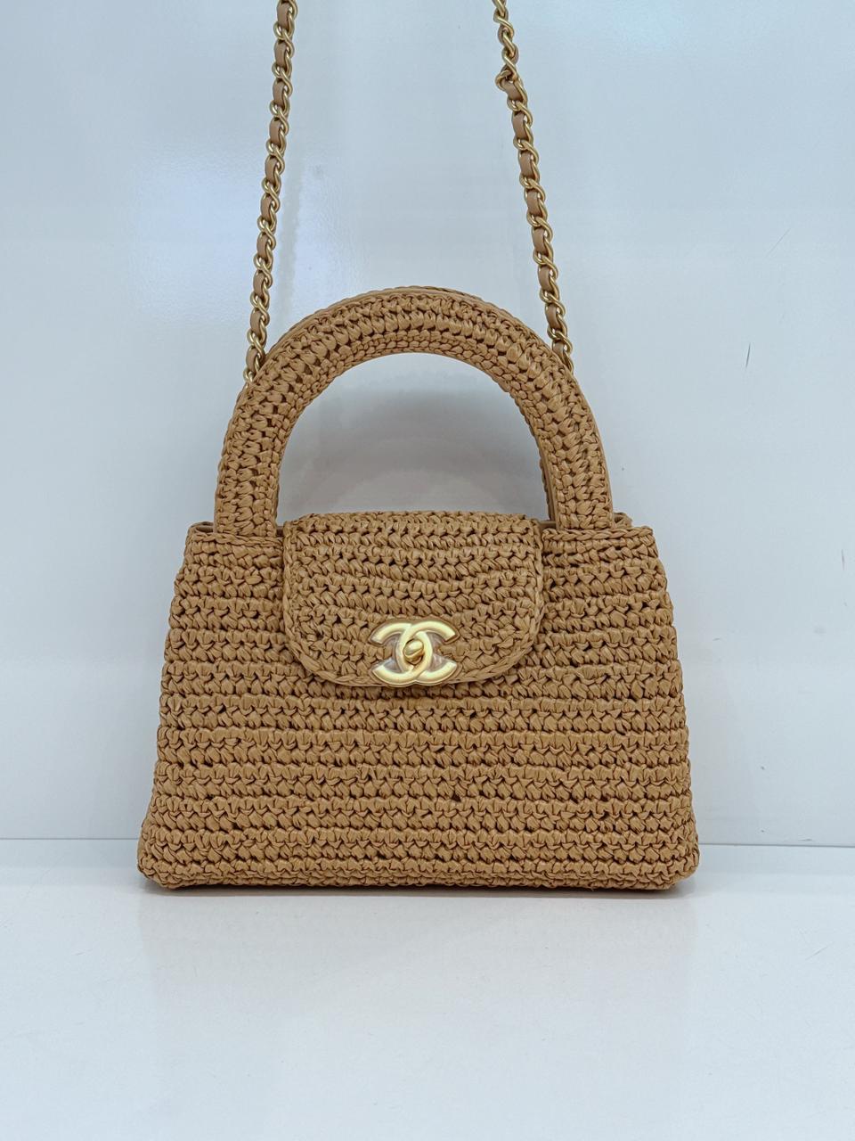 DARK BEIGE BRAIDED RAFFIA MINI KELLY SHOPPING TOTE BAG