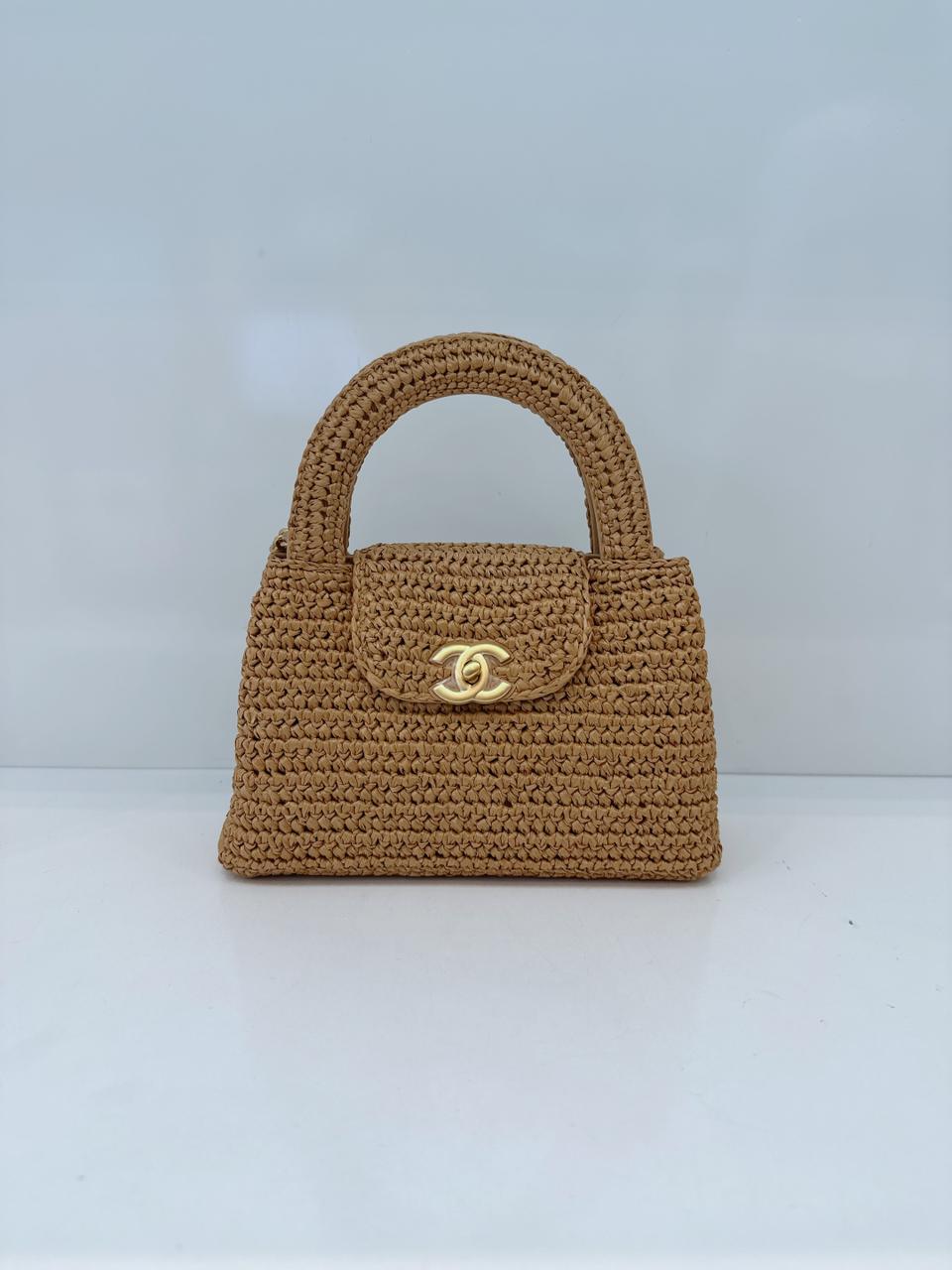 DARK BEIGE BRAIDED RAFFIA MINI KELLY SHOPPING TOTE BAG