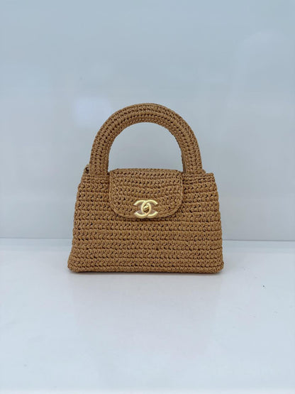 DARK BEIGE BRAIDED RAFFIA MINI KELLY SHOPPING TOTE BAG