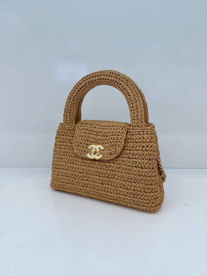 DARK BEIGE BRAIDED RAFFIA MINI KELLY SHOPPING TOTE BAG