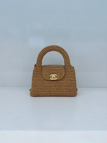 DARK BEIGE BRAIDED RAFFIA MINI KELLY SHOPPING TOTE BAG
