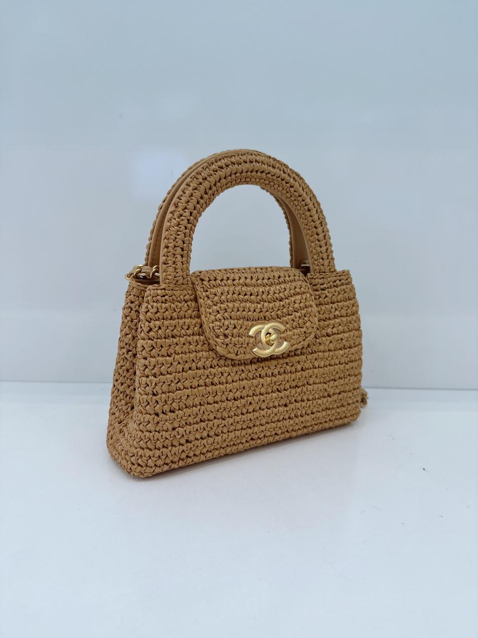 DARK BEIGE BRAIDED RAFFIA MINI KELLY SHOPPING TOTE BAG