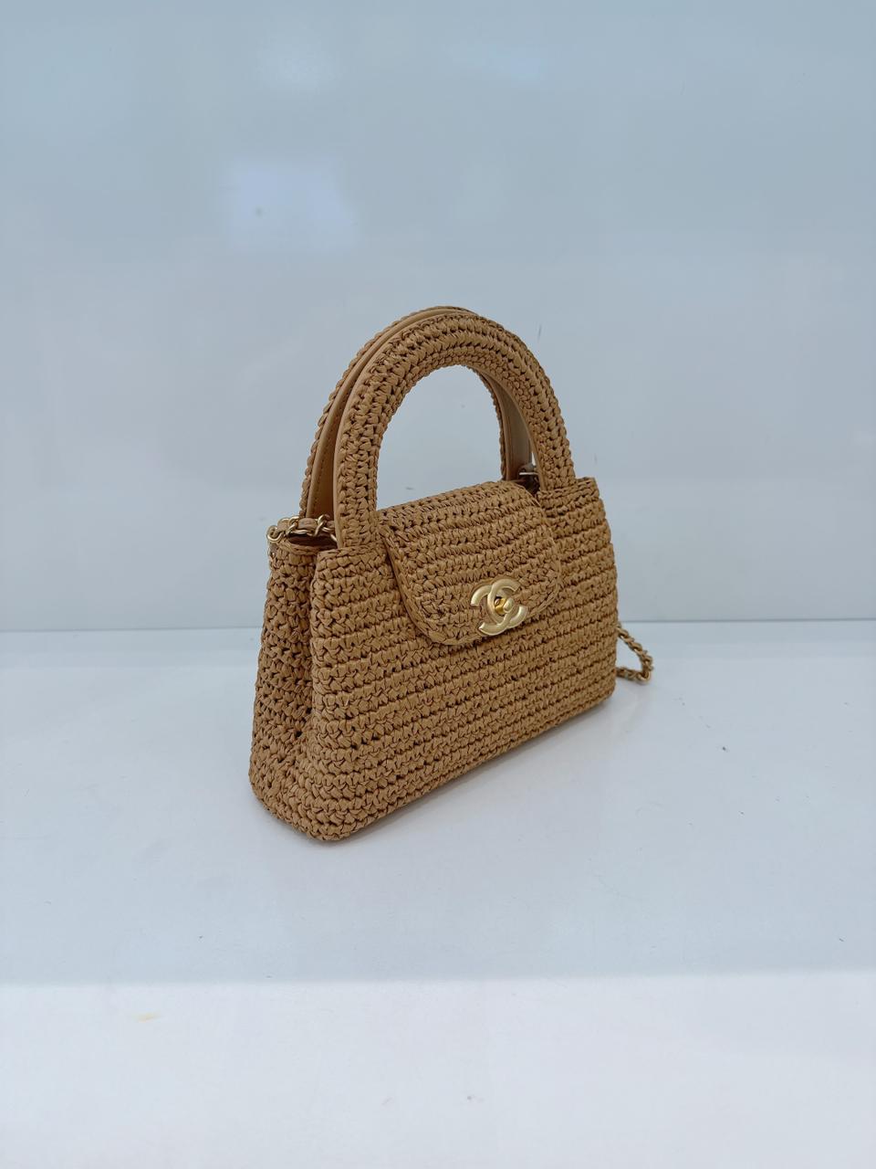 DARK BEIGE BRAIDED RAFFIA MINI KELLY SHOPPING TOTE BAG