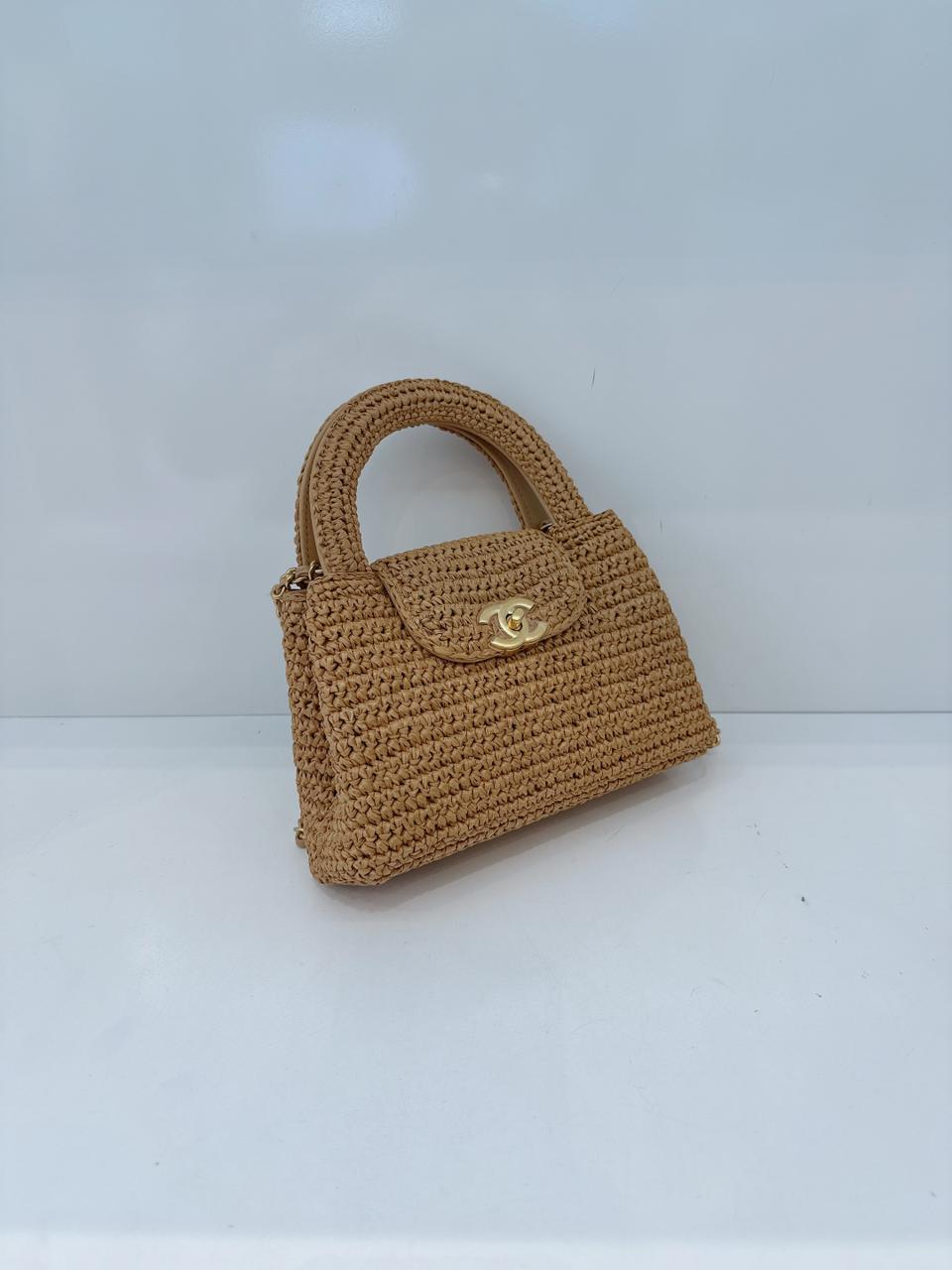 DARK BEIGE BRAIDED RAFFIA MINI KELLY SHOPPING TOTE BAG