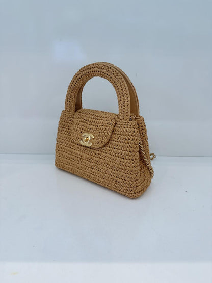 DARK BEIGE BRAIDED RAFFIA MINI KELLY SHOPPING TOTE BAG