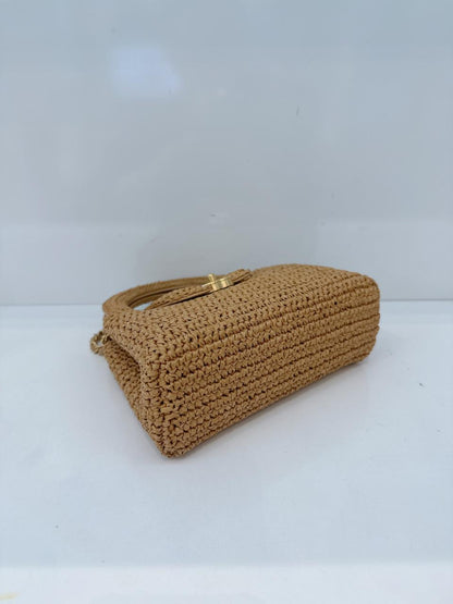 DARK BEIGE BRAIDED RAFFIA MINI KELLY SHOPPING TOTE BAG