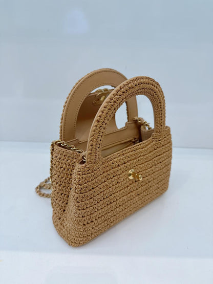 DARK BEIGE BRAIDED RAFFIA MINI KELLY SHOPPING TOTE BAG