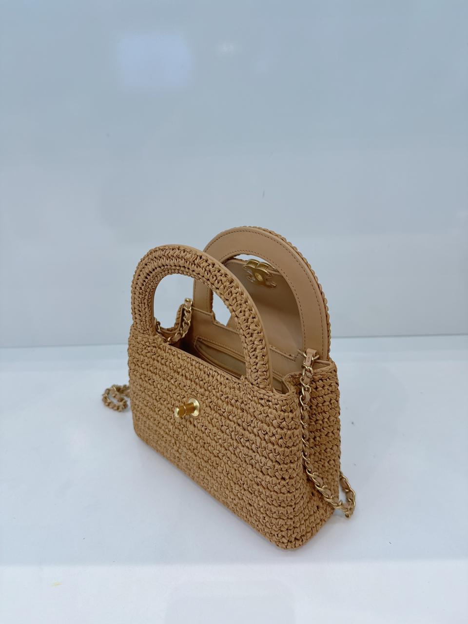 DARK BEIGE BRAIDED RAFFIA MINI KELLY SHOPPING TOTE BAG