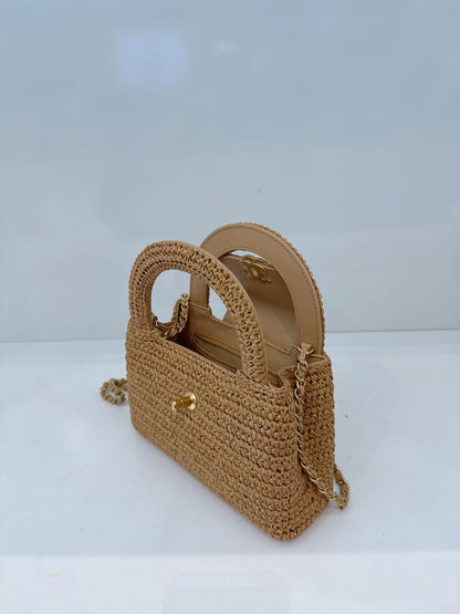 DARK BEIGE BRAIDED RAFFIA MINI KELLY SHOPPING TOTE BAG