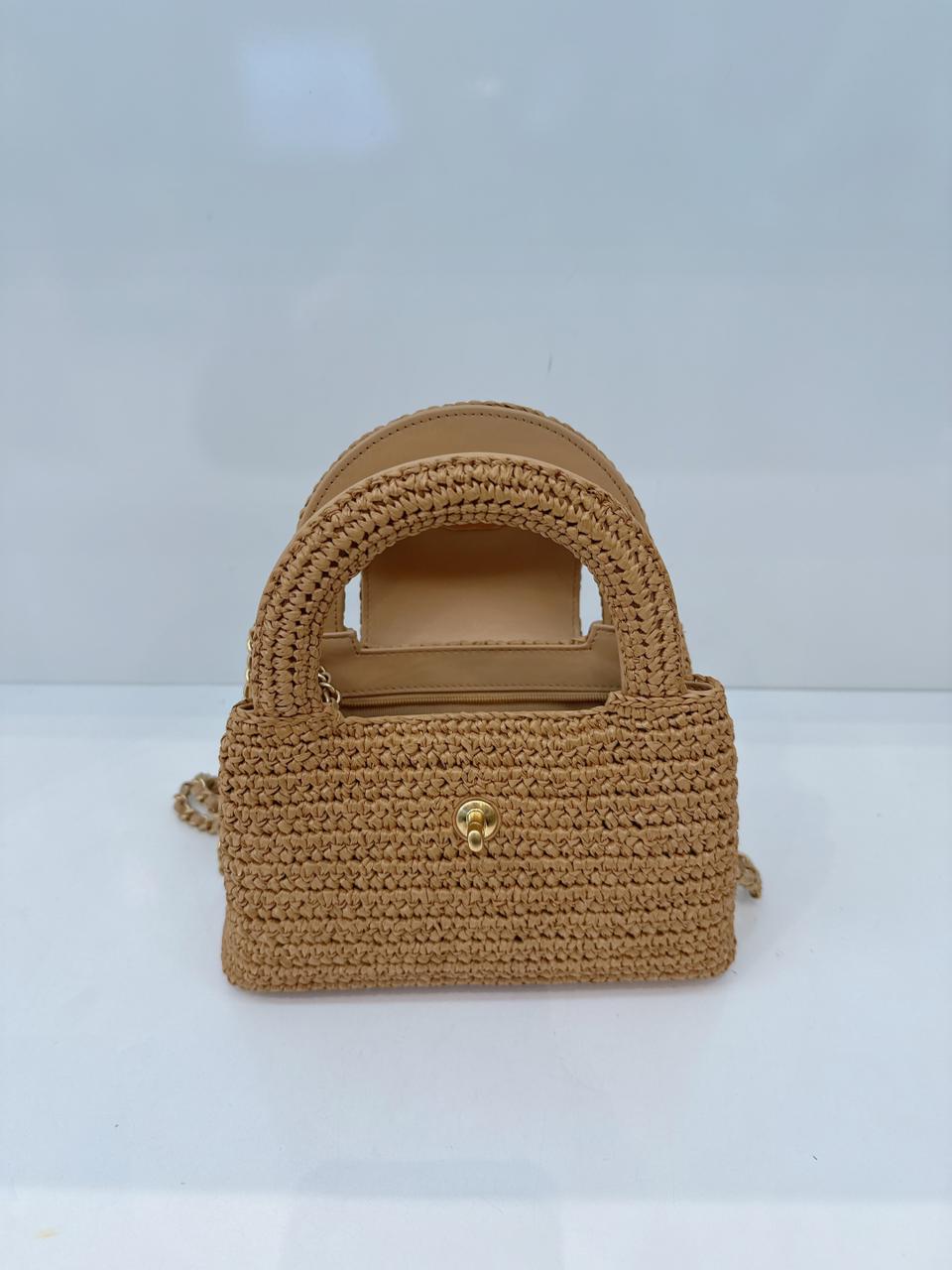 DARK BEIGE BRAIDED RAFFIA MINI KELLY SHOPPING TOTE BAG