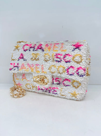 24C WHITE MULTICOLOR SEQUINS LA DISCO MINI FLAP BAG GOLD HARDWARE