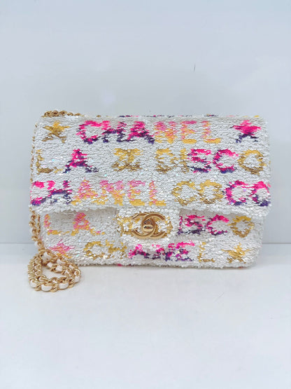 24C WHITE MULTICOLOR SEQUINS LA DISCO MINI FLAP BAG GOLD HARDWARE