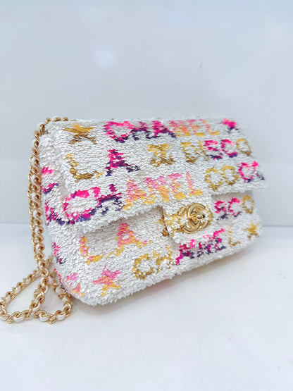 24C WHITE MULTICOLOR SEQUINS LA DISCO MINI FLAP BAG GOLD HARDWARE
