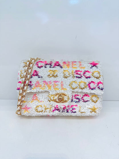 24C WHITE MULTICOLOR SEQUINS LA DISCO MINI FLAP BAG GOLD HARDWARE